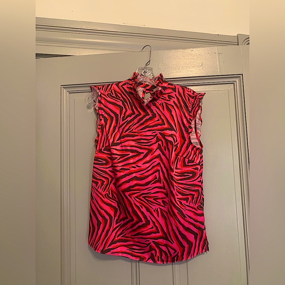 Julie Brown Sleeveless Top w Ruffle Trim in Pink Zebra Sz 4 EUC